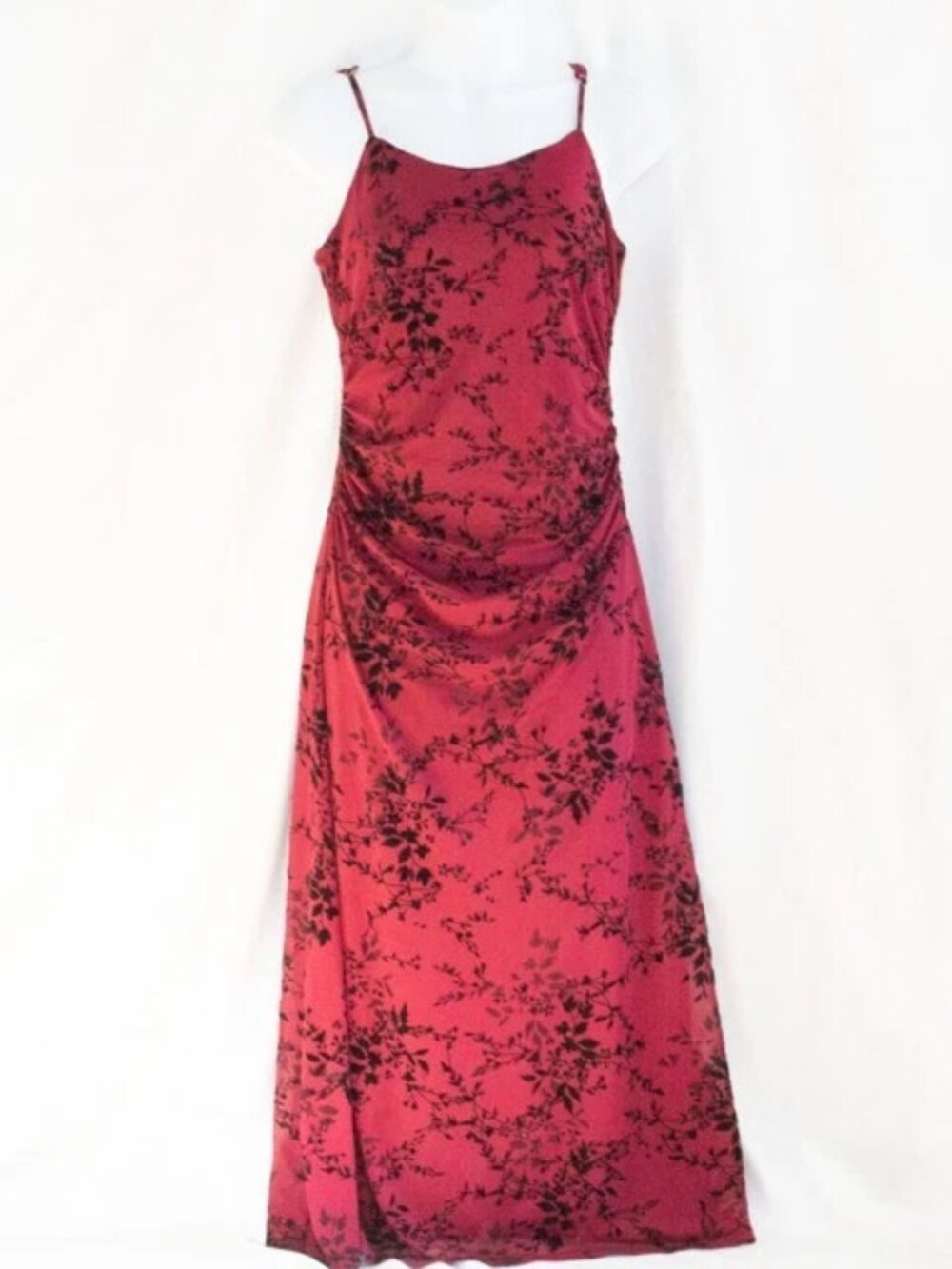 Y2K 90s Whimsigoth Maxi Dress Red Black Sheer Floral Mesh Burnout Velvet Sz S
